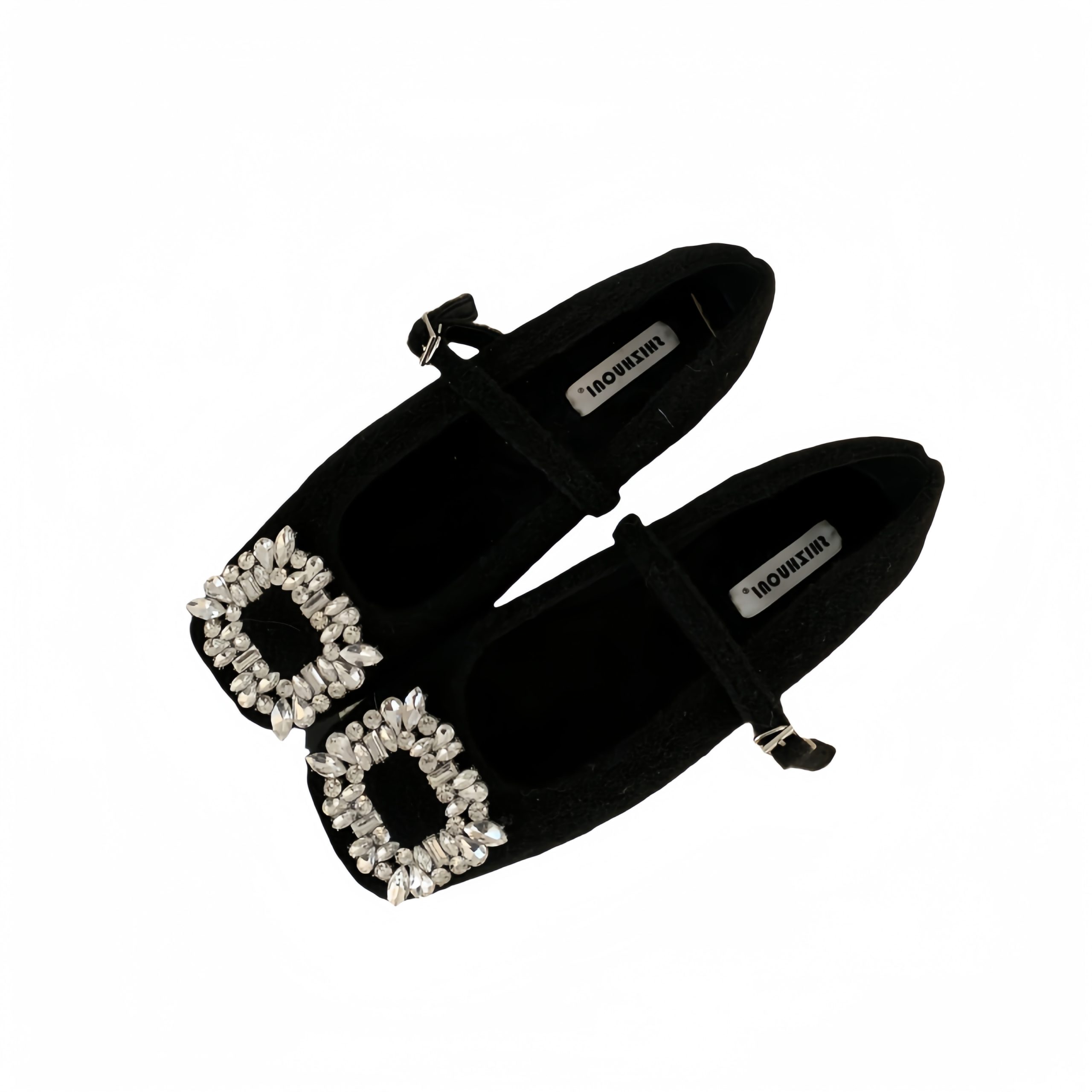 Korean Style Square Toe Rhinestone Mary Jane Shoes for Women 2025 New Winter Warm Lined Flat Shoes