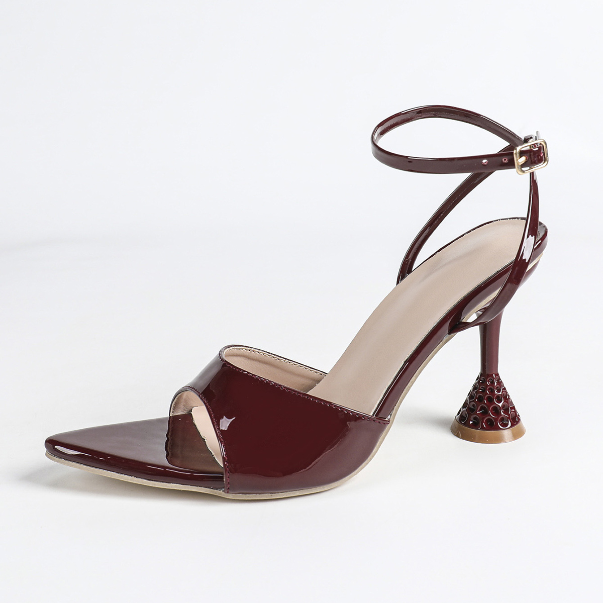 European American Style Ankle Strap Sandals Pointed Toe Thin Heel Wine Red Thin Strap Stunning Open Toe Sexy High Heel Wedding Shoes