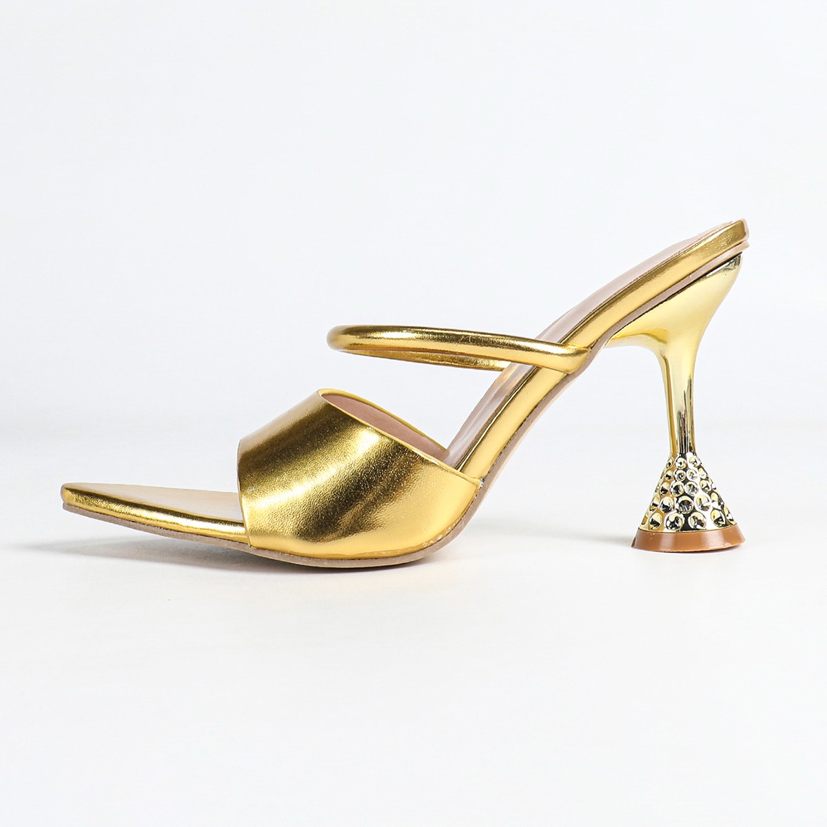 Women's Pointed Toe Gold Decorated High Heel Open Toe Sandals