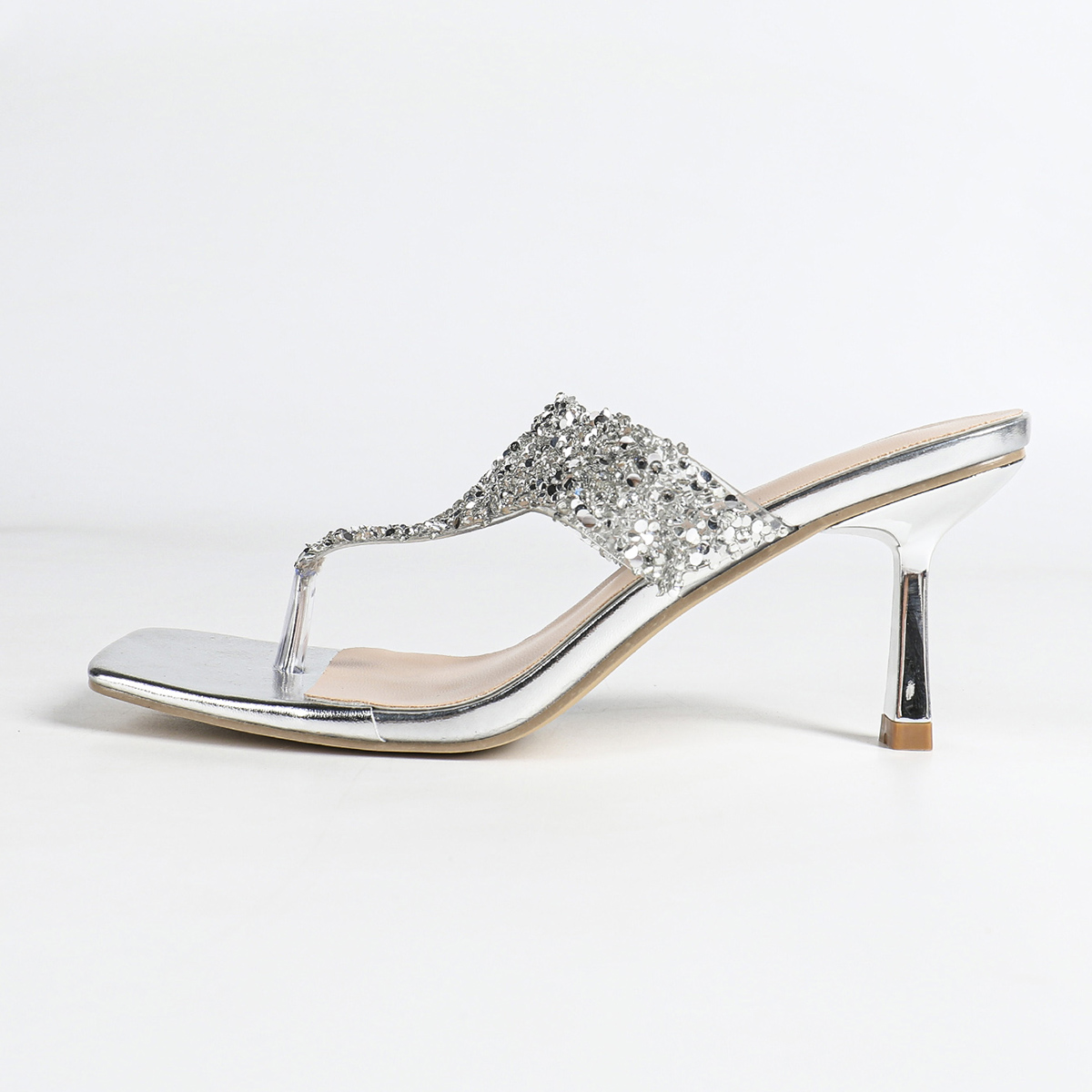 Women's 7cm Thin Heel Sandals Summer Sparkling Rhinestone Square Toe Open Toe Slippers