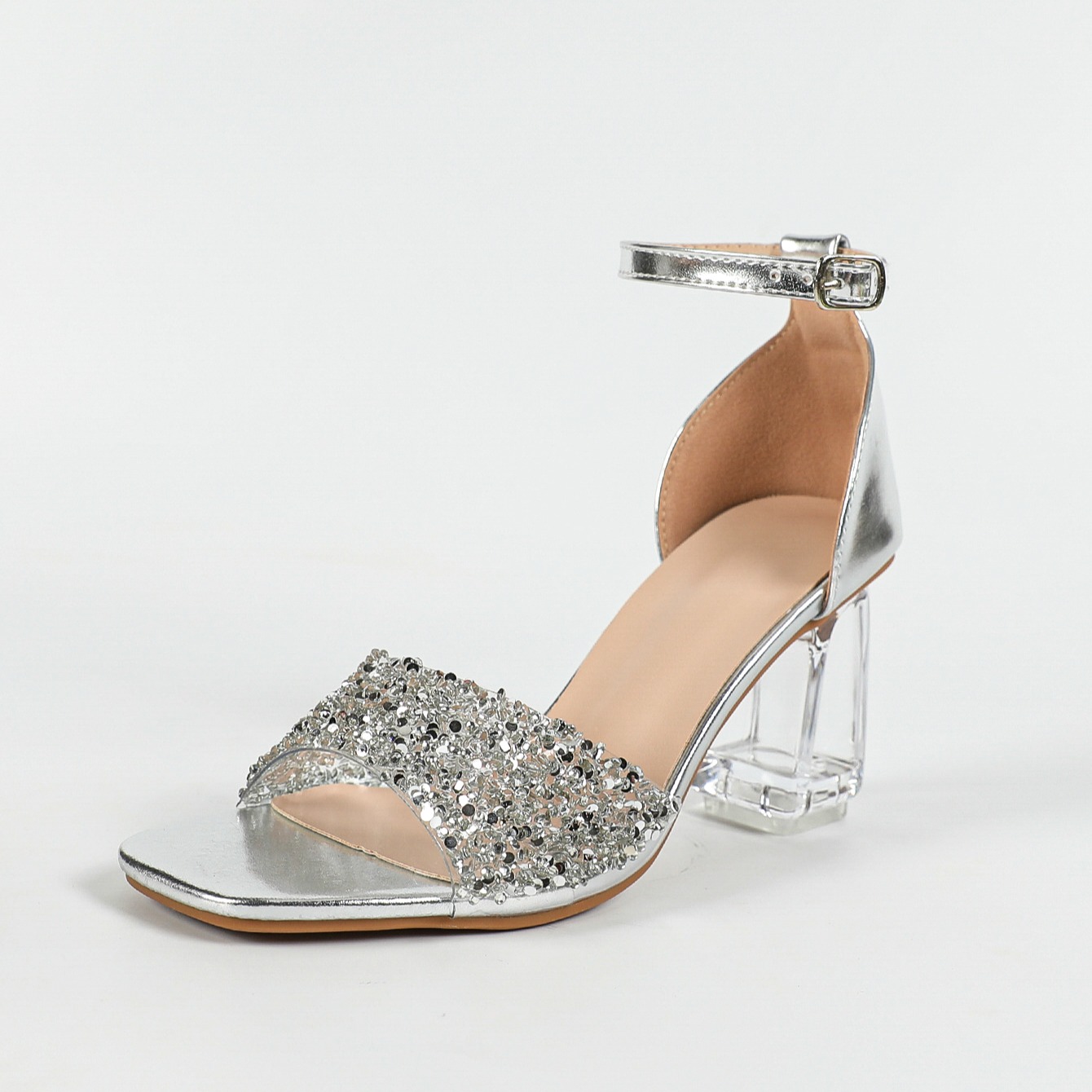 Summer New Sparkling Rhinestone Strap Sandals Comfortable Elegant Transparent Chunky Heel High Heel Sandals 7.5CM