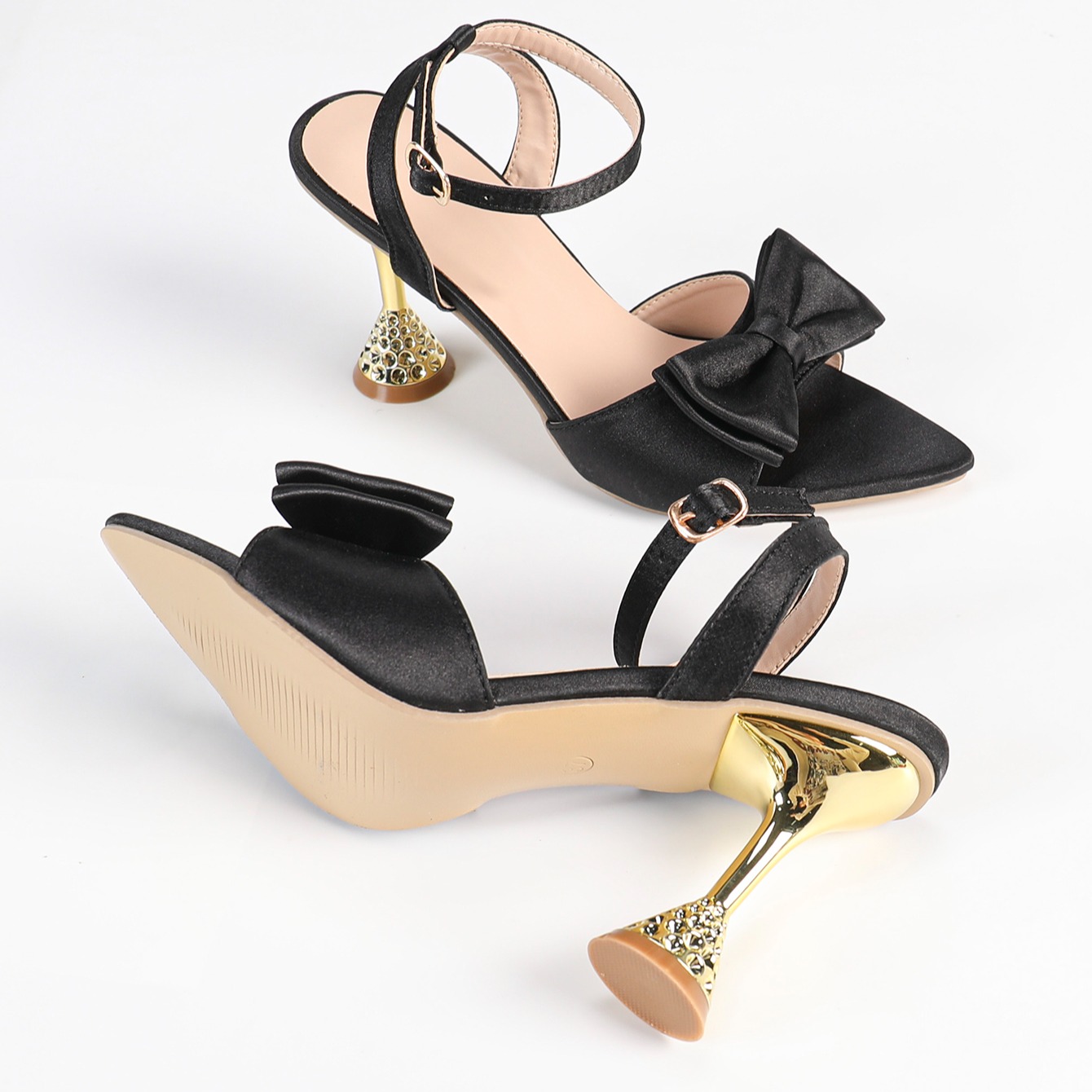 Women's Elegant New Summer Sandals Professional Versatile Satin Bow Pointed Toe Open Toe Sandals