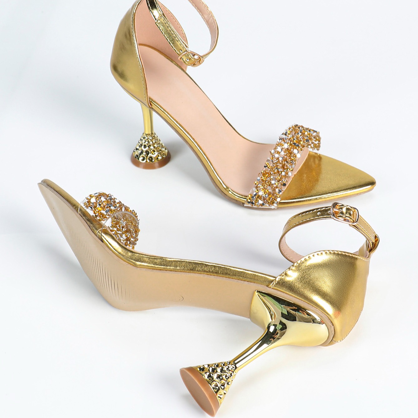 1765353767643_IR59AU.jpg Luxury Gold Sparkly Rhinestone Women's Summer New Pointed Toe Open Toe Ankle Strap High Heel Sandals