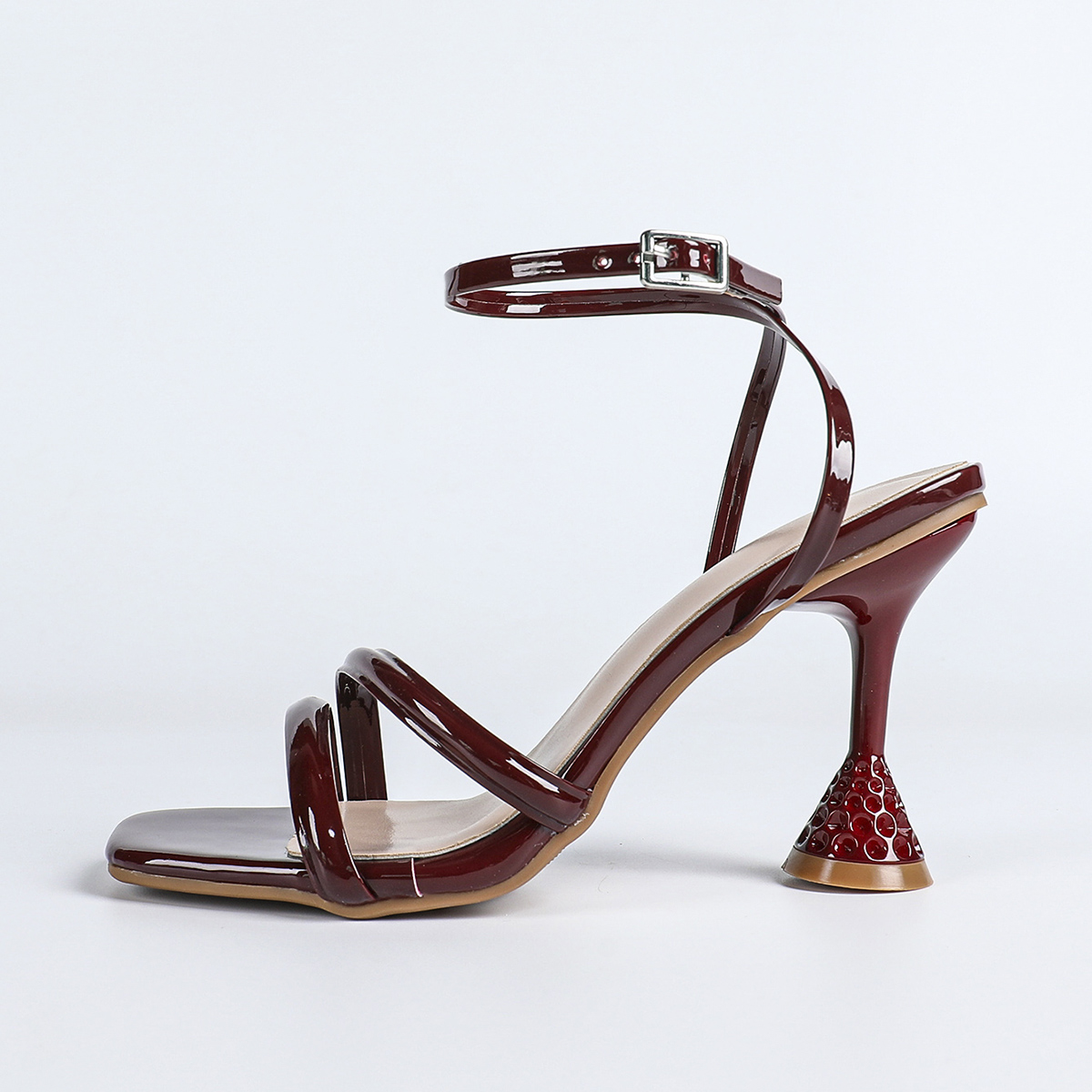 Elegant Wine Red High Heel Sandals with Cross Ankle Strap for Women Summer Outdoor Comfort Square Toe Open Toe 9CM