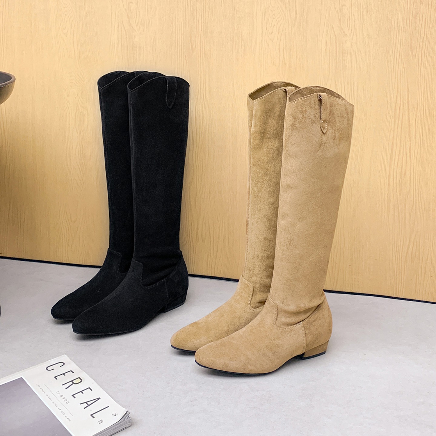 2025 Autumn Winter Shibuya Boots V-Shaped Pointed Toe Suede Inner Height Increase Chunky Heel High Top Knight Boots Women Western Stacked Boots