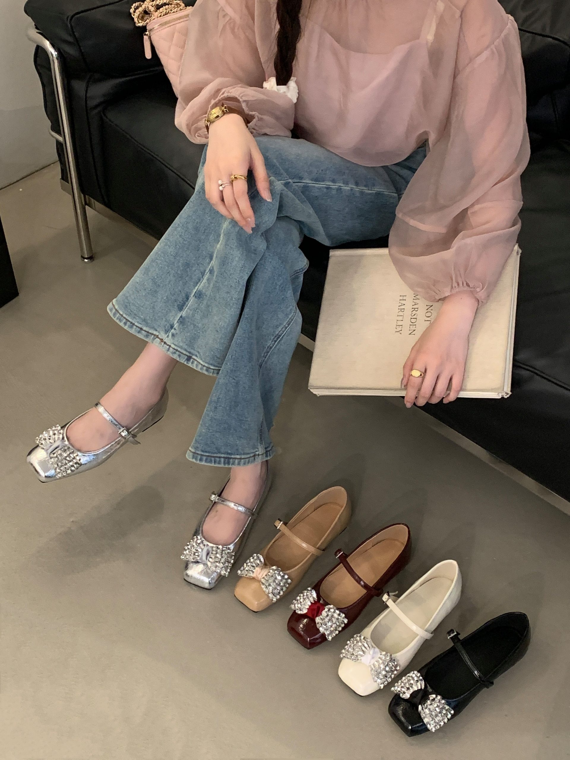 2025 New Rhinestone Bow Square Toe Mary Jane Shoes for Women Low Heel Flat Slip-On