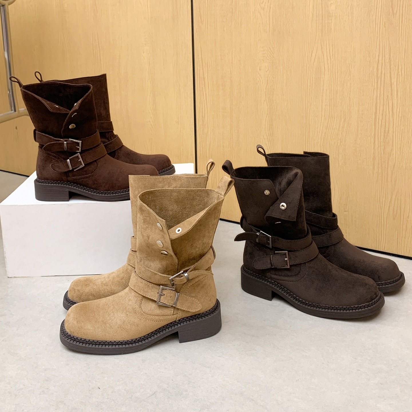 Crape Myrtle Women's Chunky Heel Ankle Boots with Buckle Strap, 5.5cm Lift, Suede Look, Fall 2025