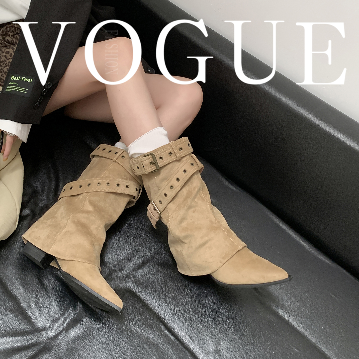 New Autumn Winter Danish Boot Tubes Pointed Toe Buckle Strap 6cm Chunky Heel Desert Cowboy Stacked Short Boots Women Western Boots