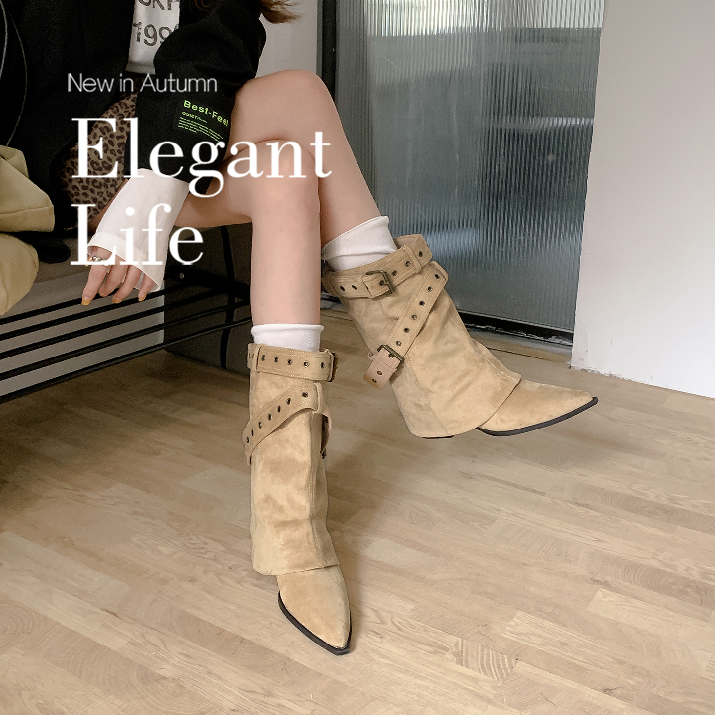 New Autumn Winter Danish Boot Tubes Pointed Toe Buckle Strap 6cm Chunky Heel Desert Cowboy Stacked Short Boots Women Western Boots