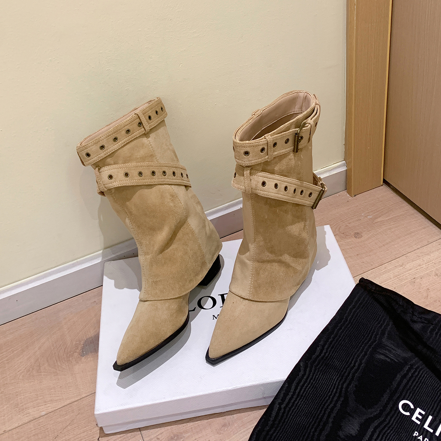 New Autumn Winter Danish Boot Tubes Pointed Toe Buckle Strap 6cm Chunky Heel Desert Cowboy Stacked Short Boots Women Western Boots