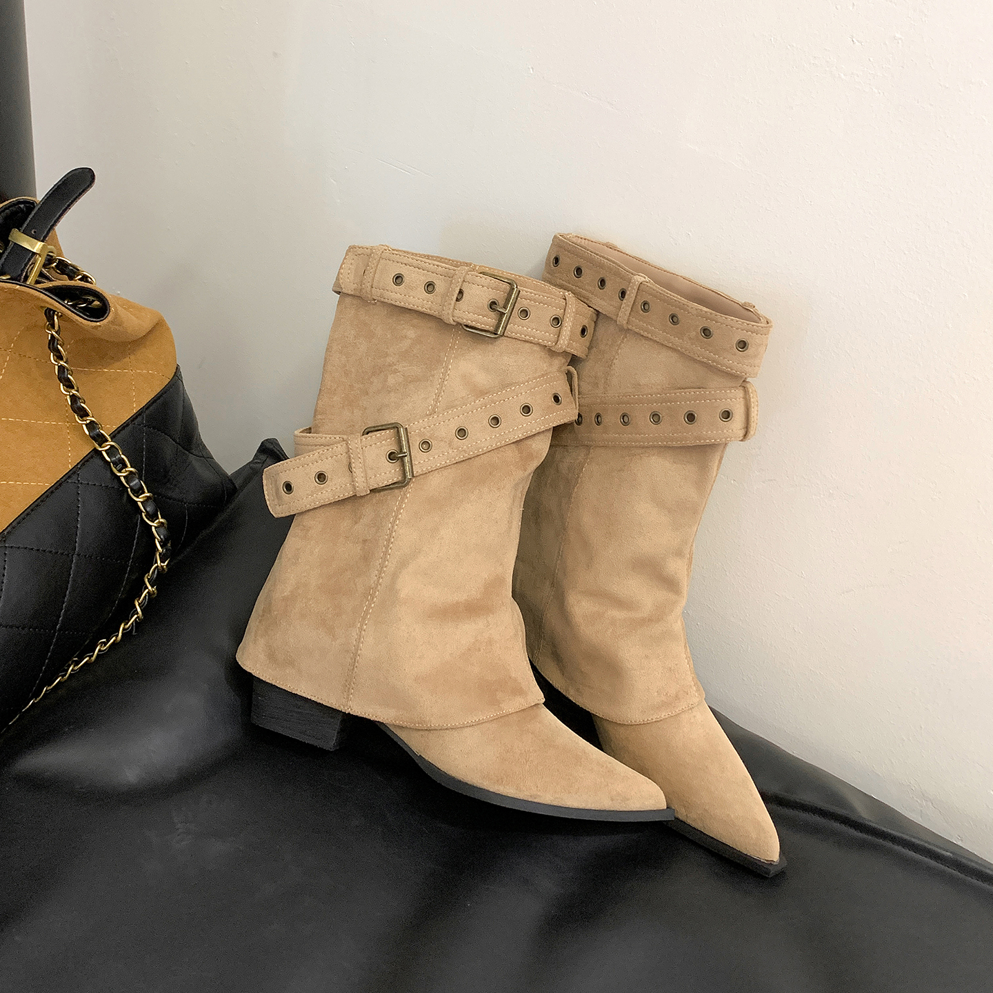 New Autumn Winter Danish Boot Tubes Pointed Toe Buckle Strap 6cm Chunky Heel Desert Cowboy Stacked Short Boots Women Western Boots