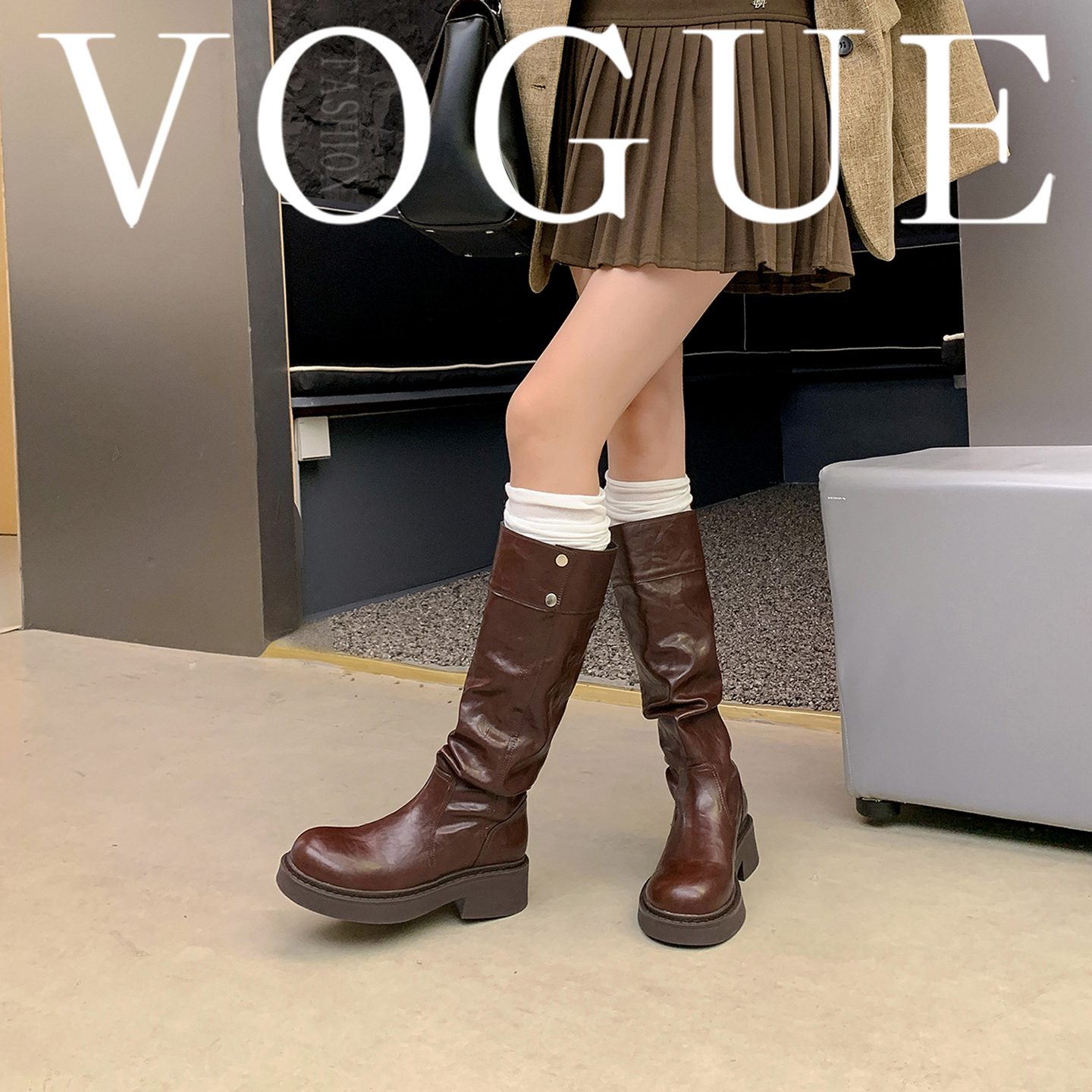 New Wasteland Style Foldable Stacked Boots Two-Way Turn-Down Long Boots Chunky Heel Thick Sole High-Tube Knight Boots