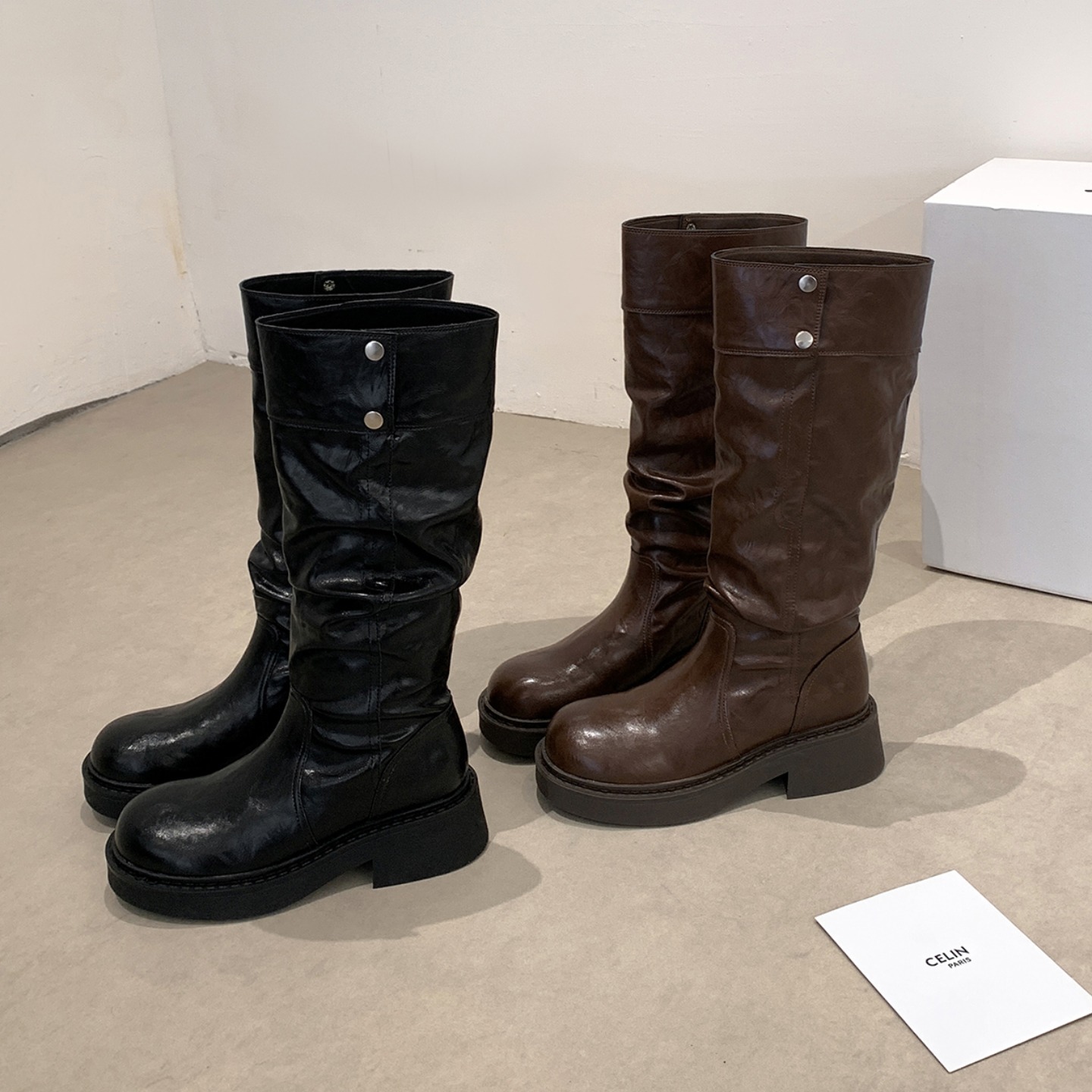 New Wasteland Style Foldable Stacked Boots Two-Way Turn-Down Long Boots Chunky Heel Thick Sole High-Tube Knight Boots
