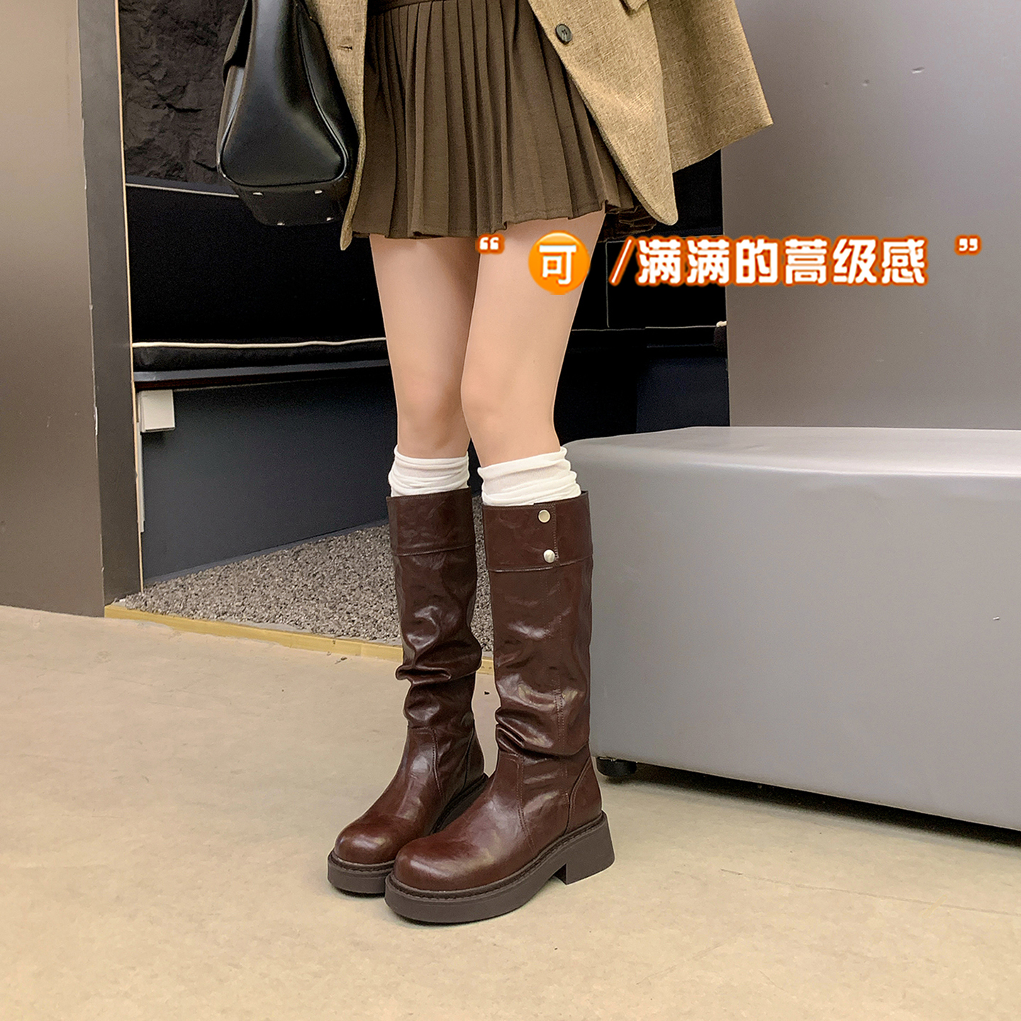 New Wasteland Style Foldable Stacked Boots Two-Way Turn-Down Long Boots Chunky Heel Thick Sole High-Tube Knight Boots