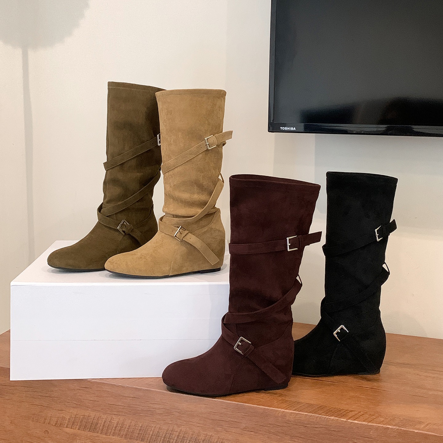 Trendy 6cm Height Increasing Korean Round Toe Buckle Strap Soft Folded Slim Mid-Calf Boots Women High Heel Boots