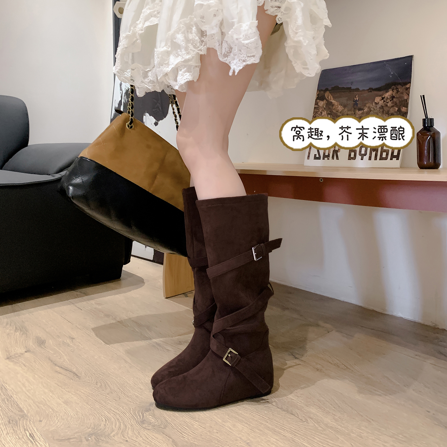 Trendy 6cm Height Increasing Korean Round Toe Buckle Strap Soft Folded Slim Mid-Calf Boots Women High Heel Boots