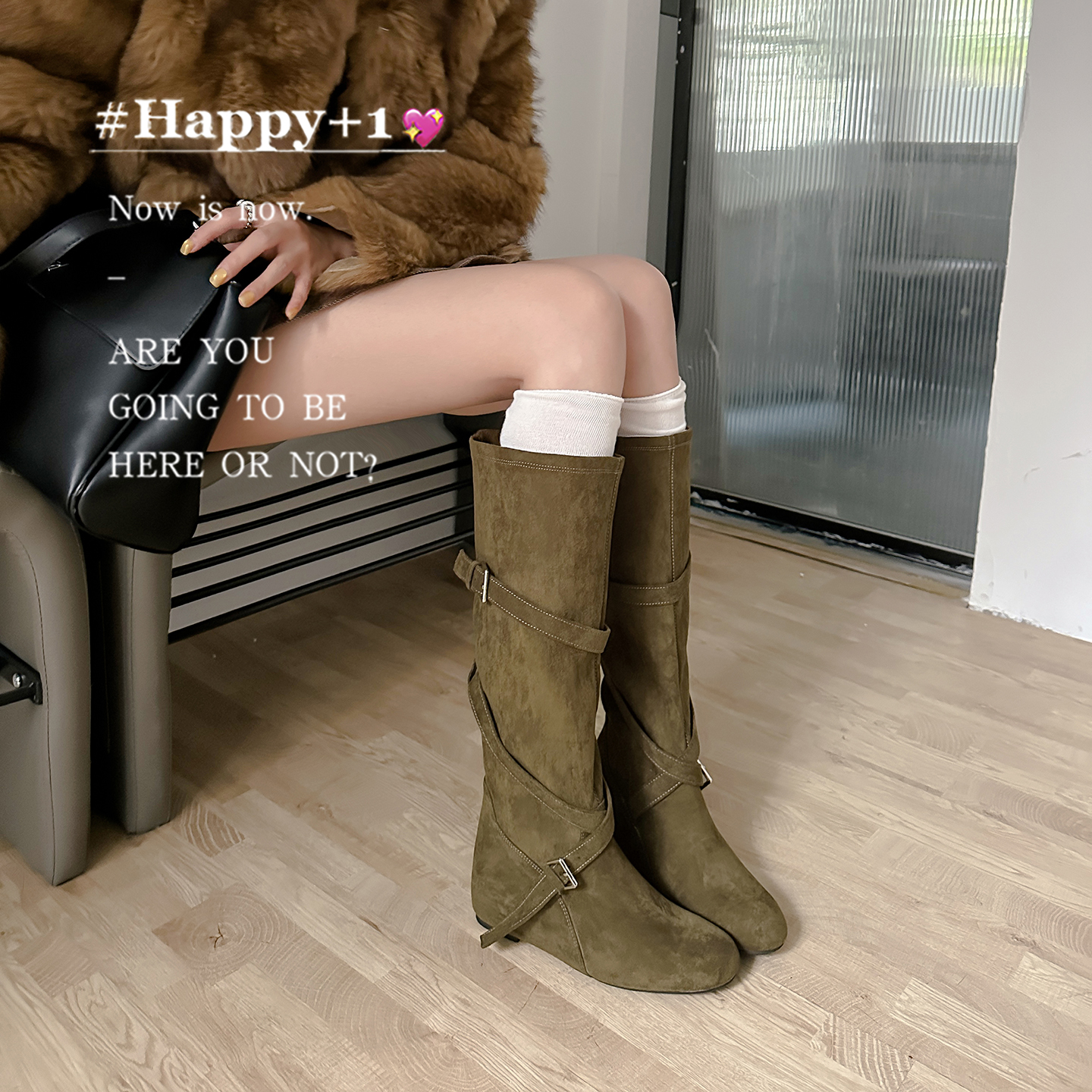 Trendy 6cm Height Increasing Korean Round Toe Buckle Strap Soft Folded Slim Mid-Calf Boots Women High Heel Boots