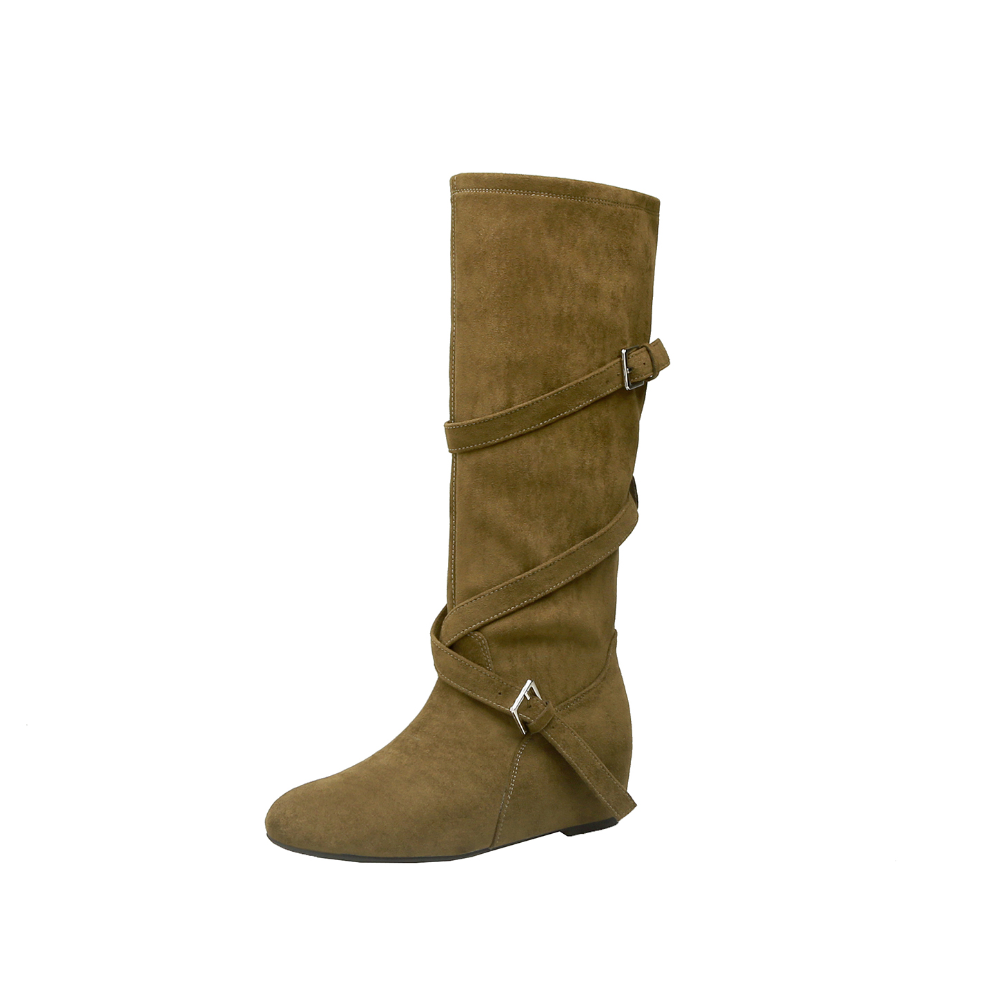 Trendy 6cm Height Increasing Korean Round Toe Buckle Strap Soft Folded Slim Mid-Calf Boots Women High Heel Boots
