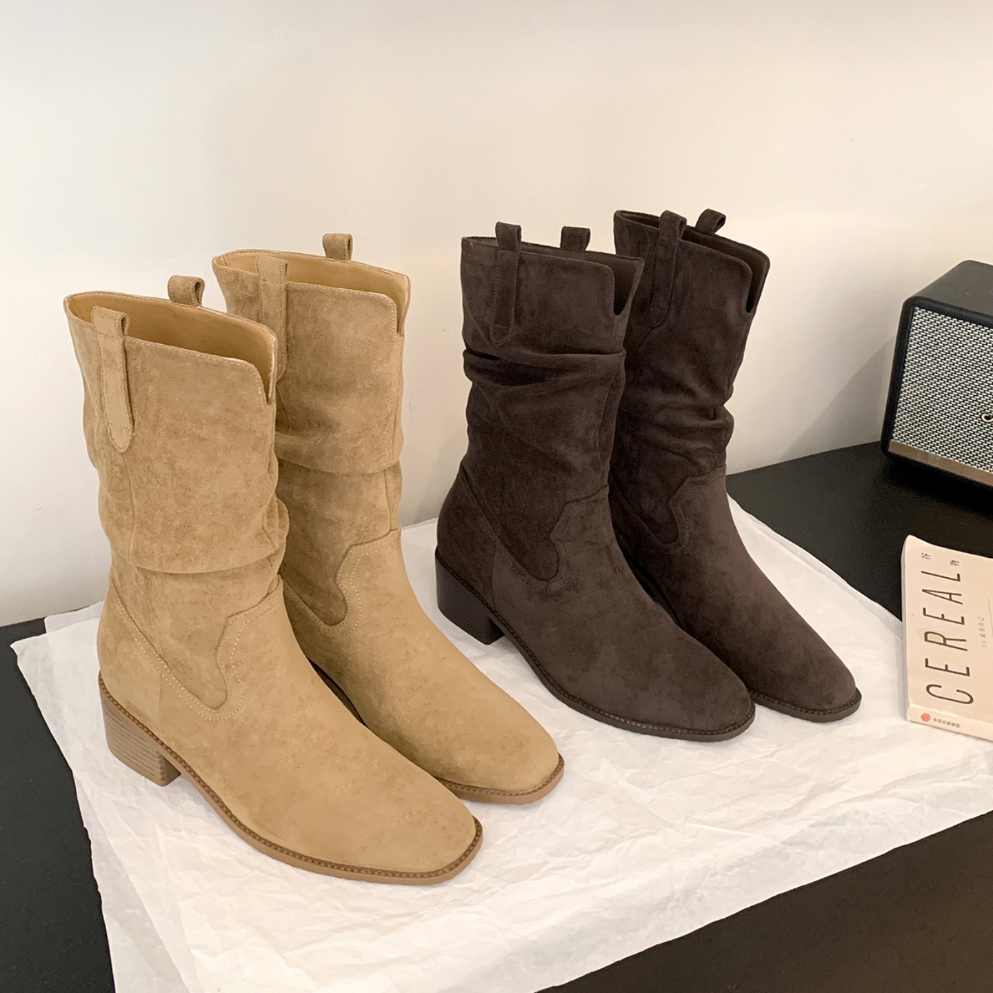 Trendy Chunky Heel Stacked Boots for Women - Round Toe V-Cut, 8cm Height Increase, Wide Calf, Soft Short Boots