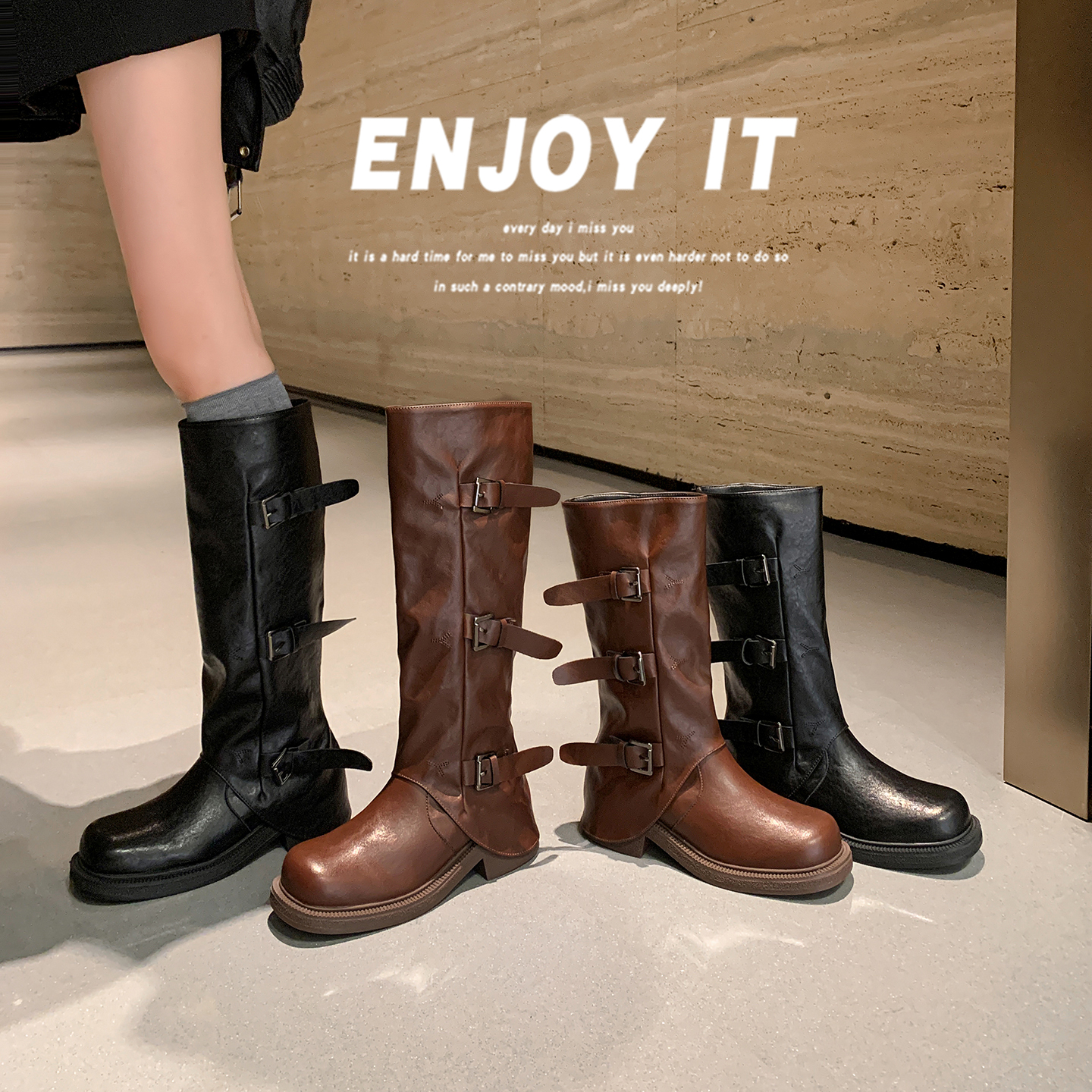 Trendy Tall Riding Boots with Buckle Strap, 6cm Heel, Round Toe, PU Leather, Women's Mid-Calf & Knee-High Boots