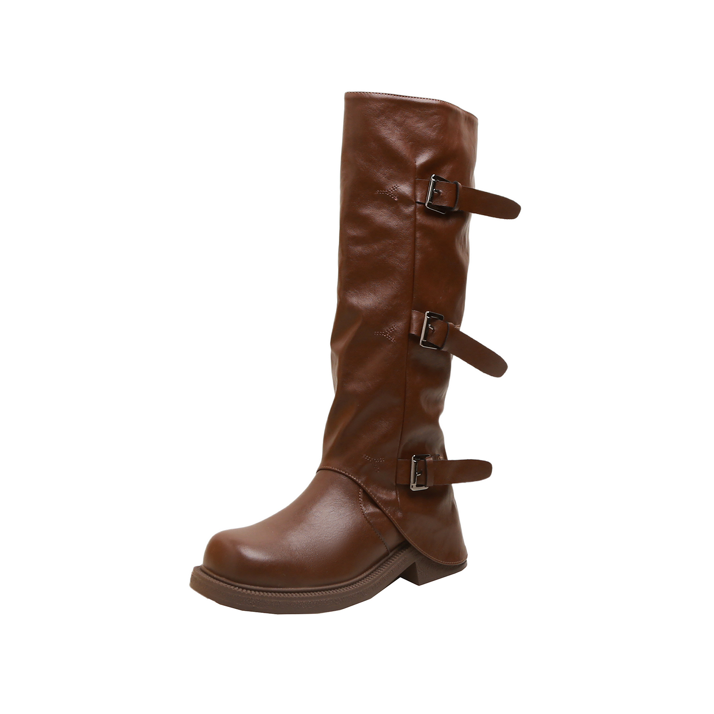 Trendy Tall Riding Boots with Buckle Strap, 6cm Heel, Round Toe, PU Leather, Women's Mid-Calf & Knee-High Boots
