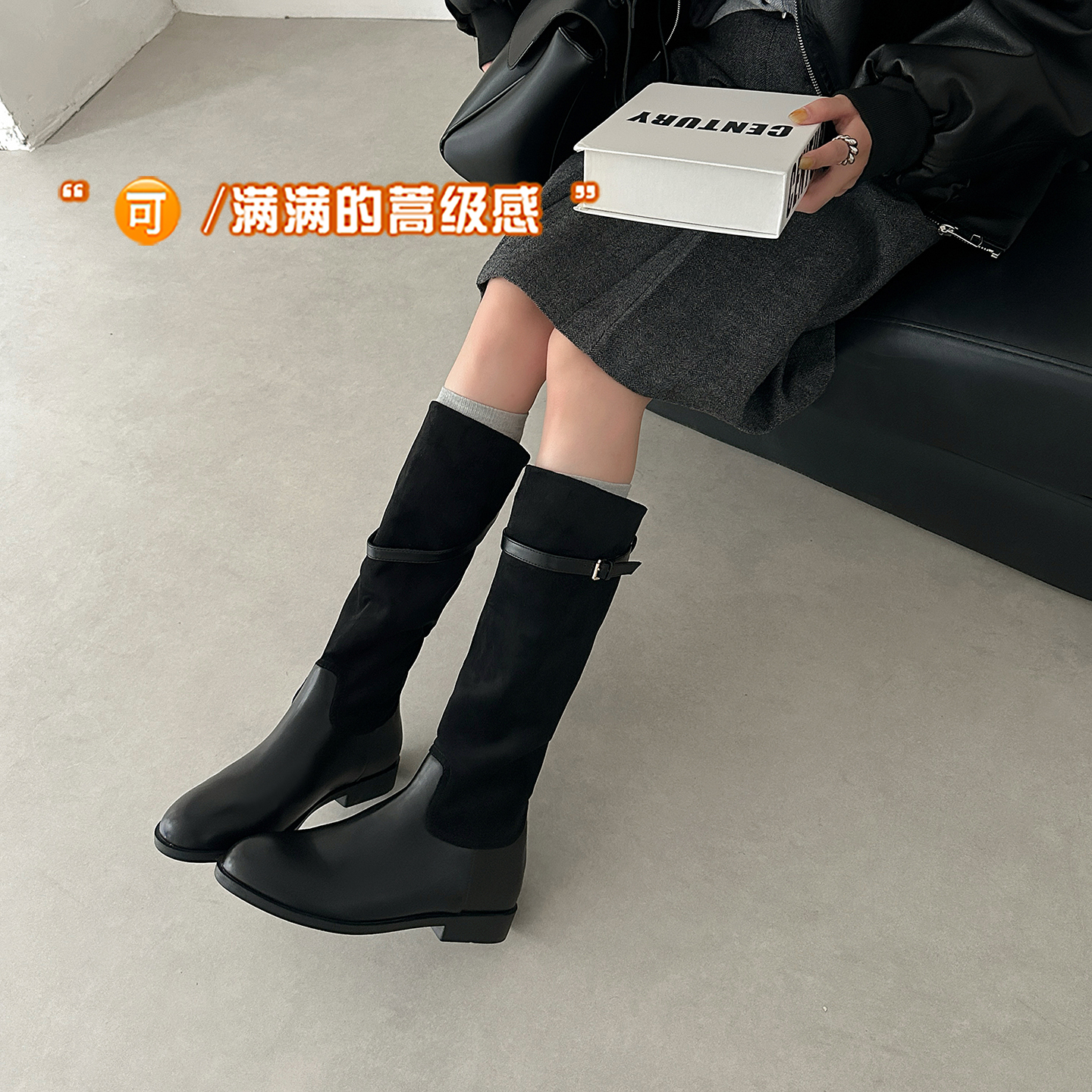 Viral Retro Genuine Leather Round Toe Flat Mid-Calf Boots Women Belt Buckle Wide Shaft Slimming Western Cowboy Boots