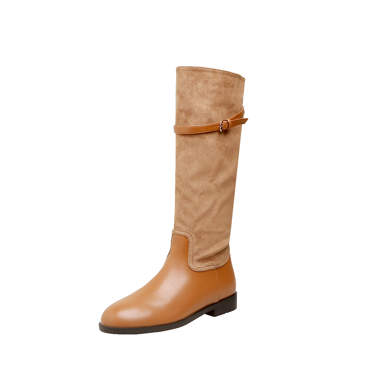 Viral Retro Genuine Leather Round Toe Flat Mid-Calf Boots Women Belt Buckle Wide Shaft Slimming Western Cowboy Boots