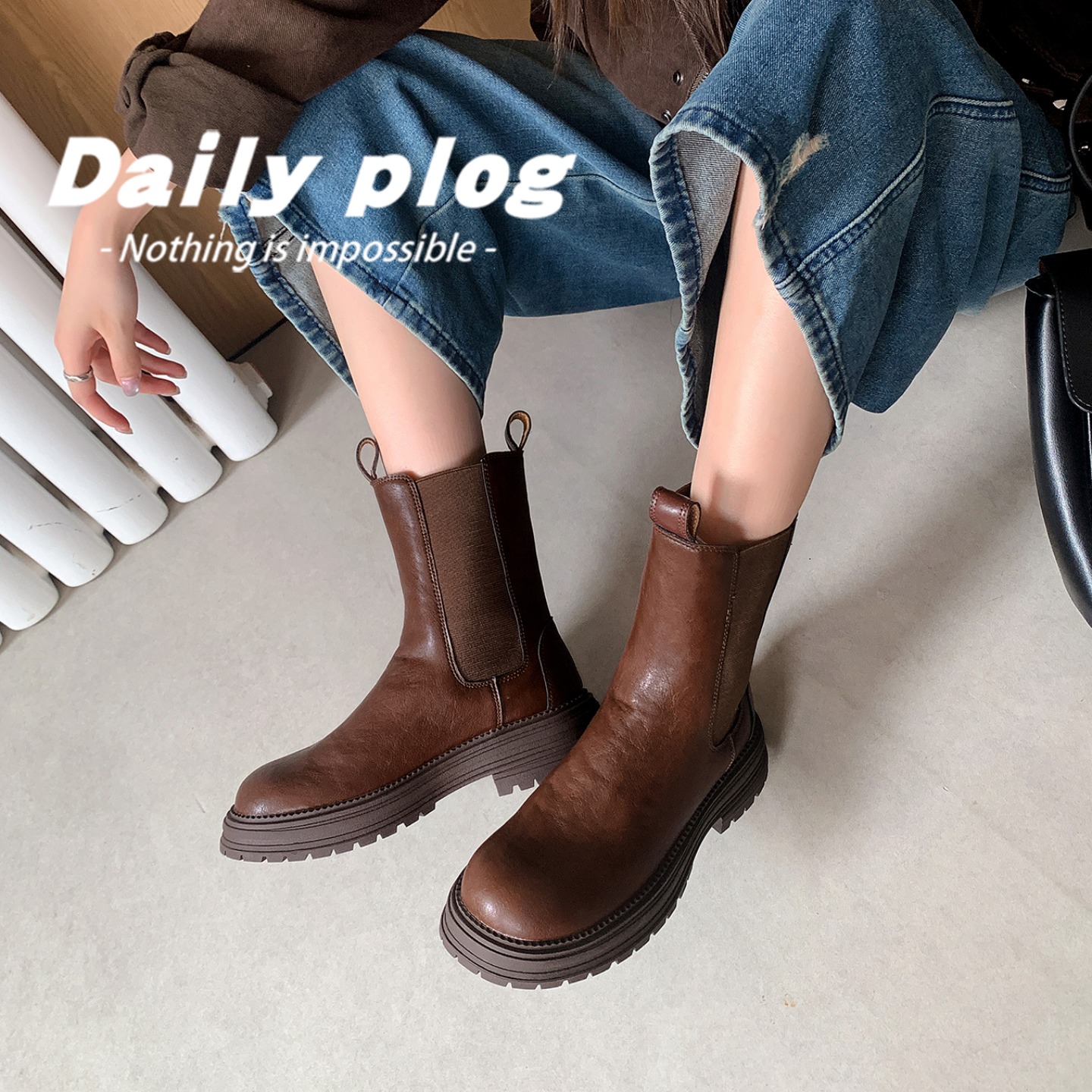Women's Autumn New Chelsea Boots Soft Leather Wrinkled Thick Sole Elastic Short Boots Street Style
